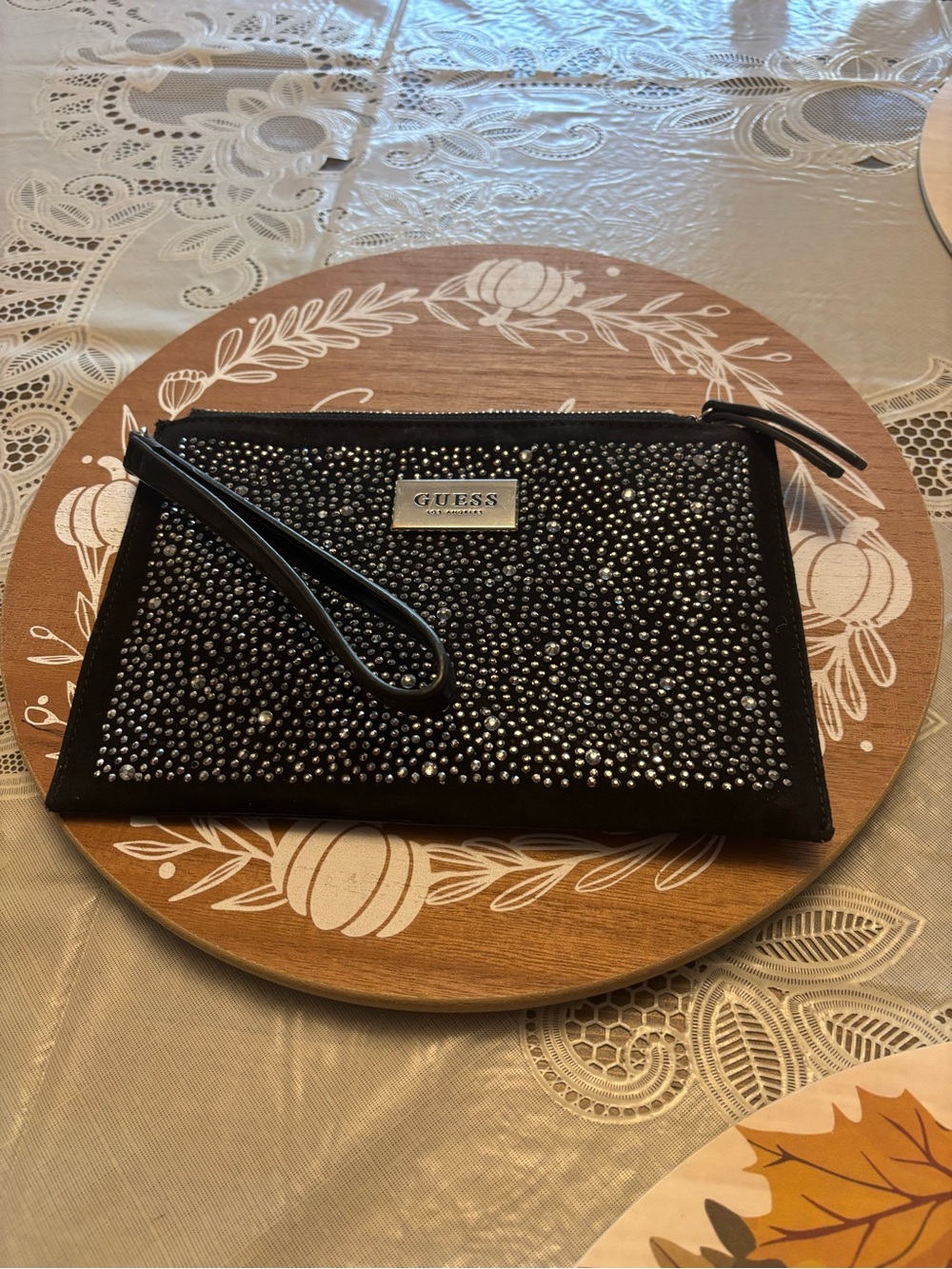 GUESS Black Crystal Studded Wristlet Clutch